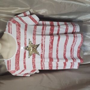 Nouveaux. Red & White Striped Women's Top; Gold/Silver Sequin Star  Size 2X. EUC